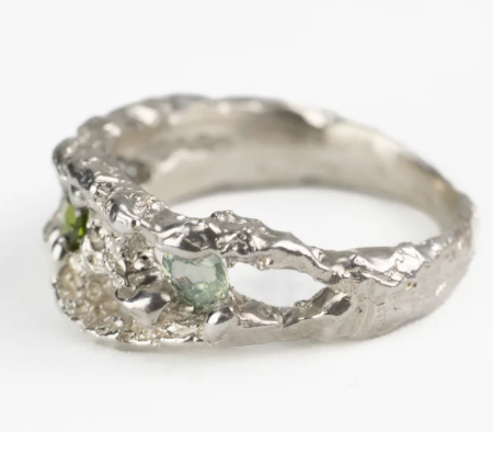 CLAIRE QUICK - Beneath the Surface carved textured ring Sterling Silver and Green Zircon