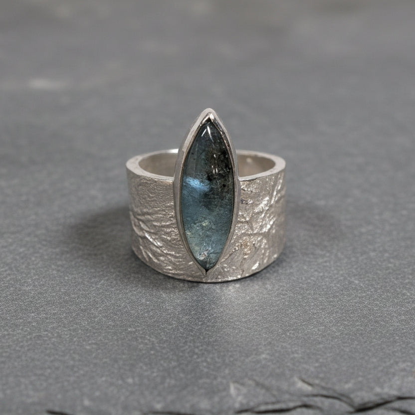 Sterling silver luna ring with marquise Cab aqua