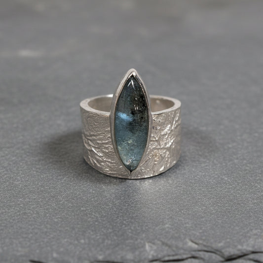 Sterling silver luna ring with marquise Cab aqua