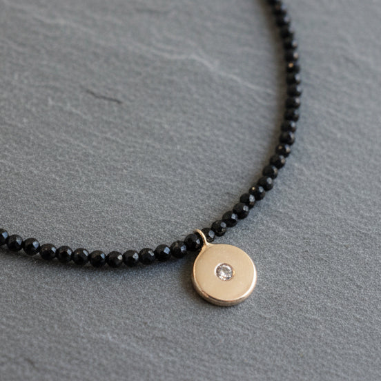 ANNE MORGAN - Onyx Beaded Necklace with Diamond Pendant set in 9ct Yellow Gold
