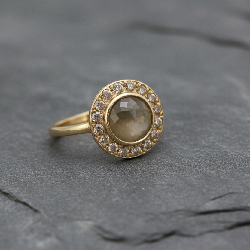 HALO Rose Red Diamond and Champagne Diamonds / yellow gold