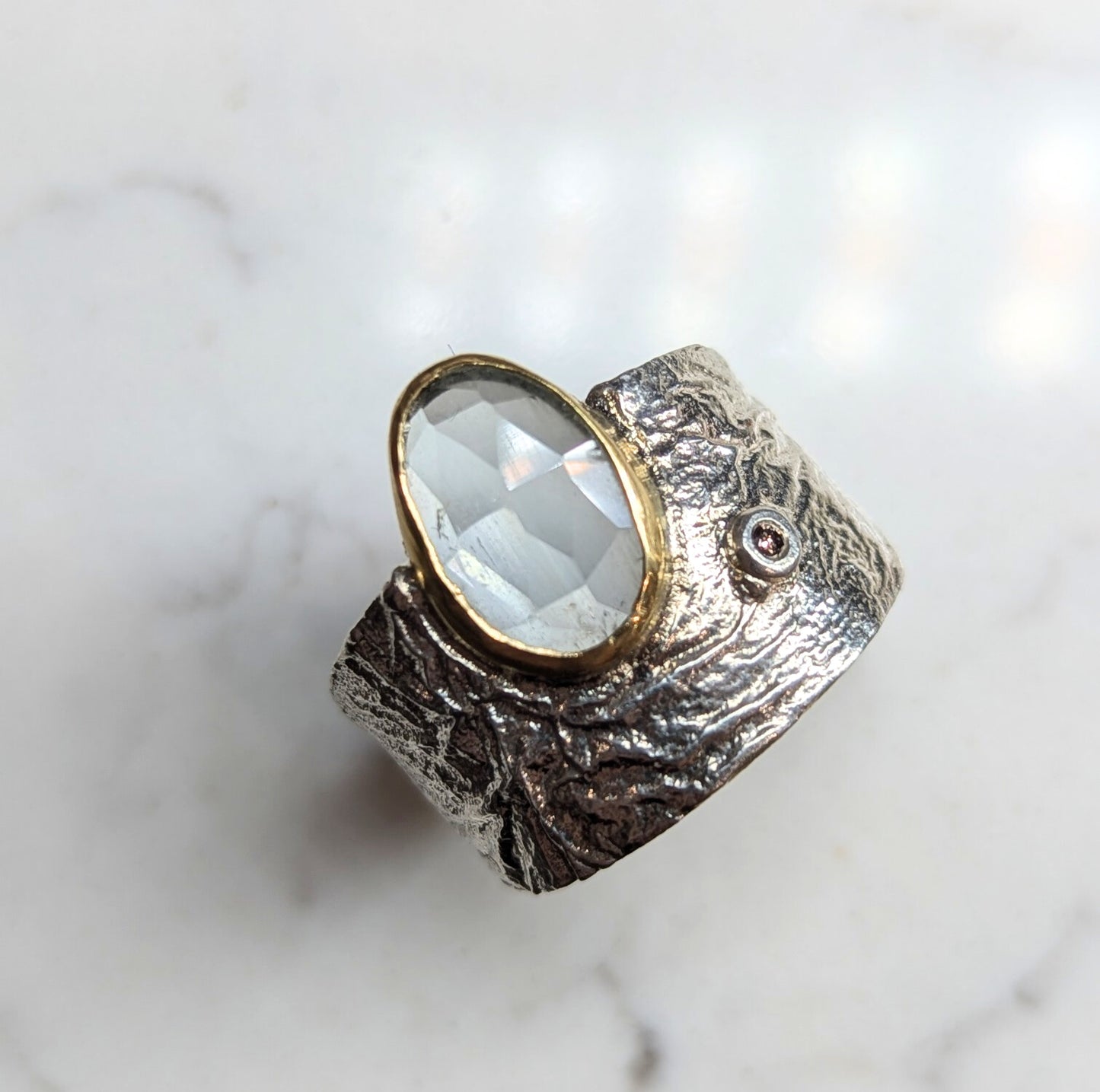 Luna silver wedge ring with aqua set in 18ct yellow gold and small diamond