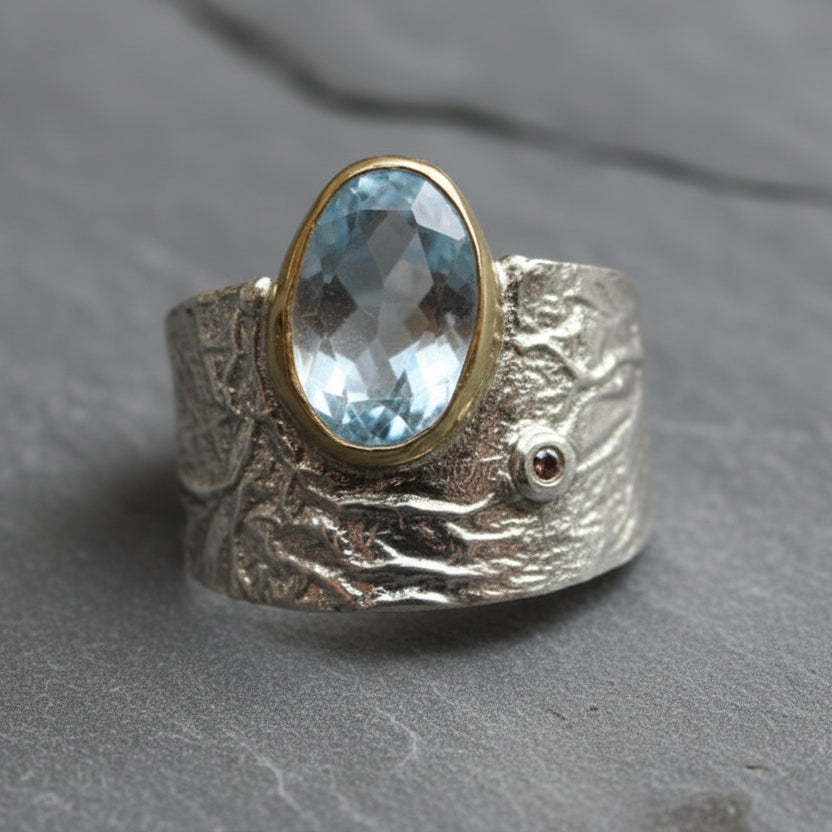 Luna silver wedge ring with aqua set in 18ct yellow gold and small diamond