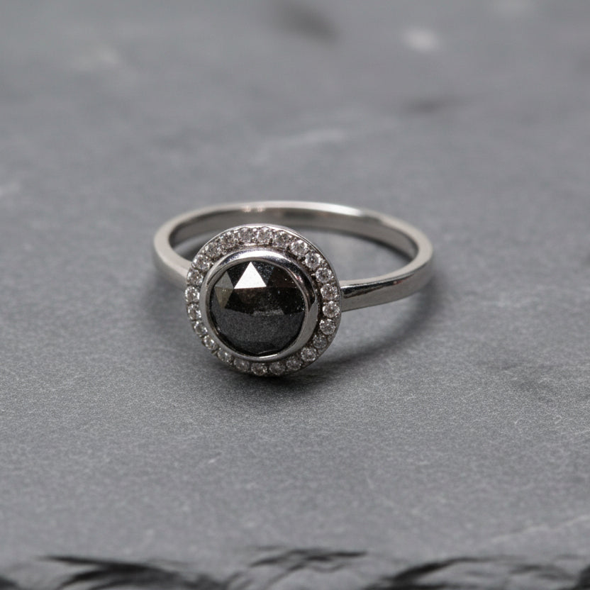 9ct White Halo salt and pepper diamond and surrounding diamonds