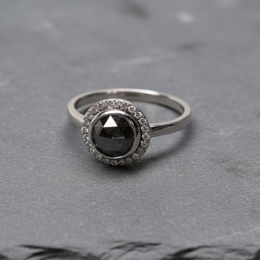 9ct White Halo salt and pepper diamond and surrounding diamonds