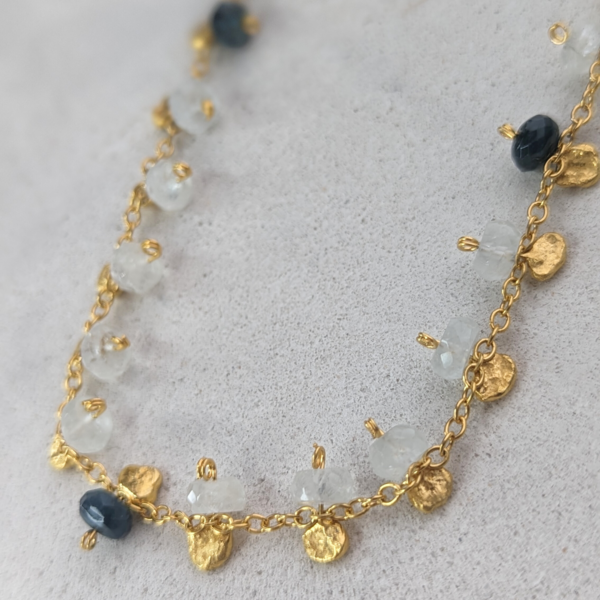 BEA JARENO - Indian Summer 24ct gold plated necklace with aqua and blue touramaline faceted beads