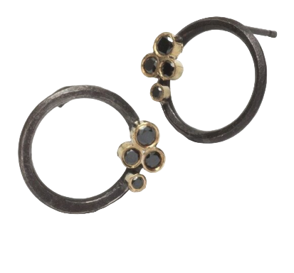 SHIMARA CARLOW - Oxidised silver hoop studs with black diamonds