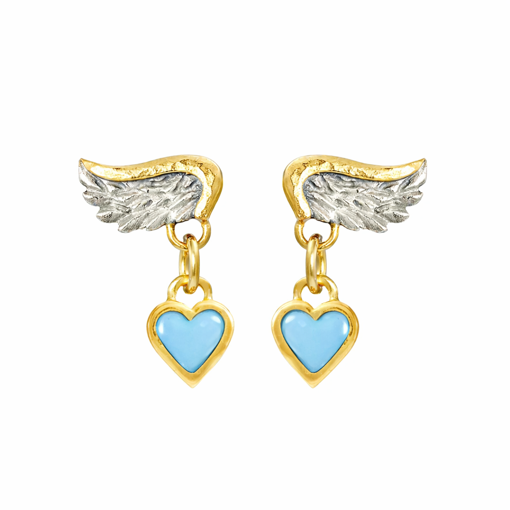 SOPHIE HARLEY - Venetian Wing and Blue Enamel Heart Drop Earrings