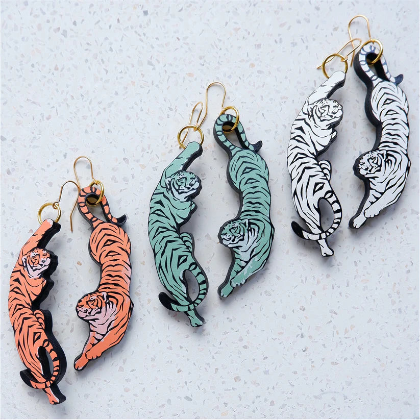 ROSITA BONITA - Exotica Leaping Tiger Earrings - cool blue