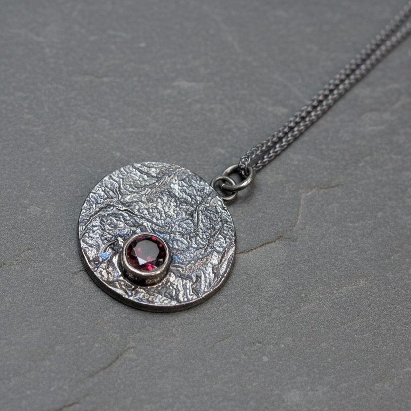 ANNE MORGAN - Moonlens with garnet on spiga oxidised