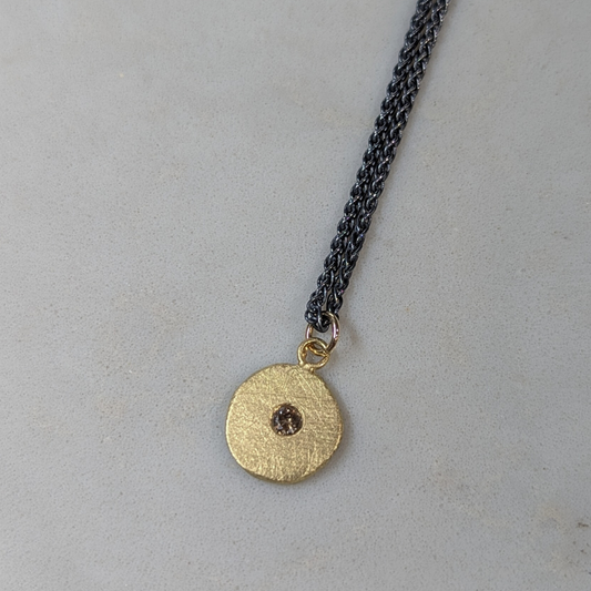 ANNE MORGAN - 18ct yellow gold moon disc pendant with brown diamond