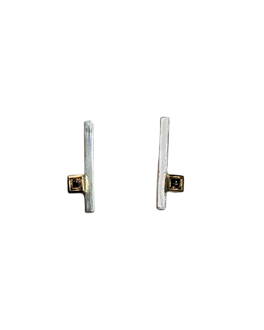 LUCY BURKE - Silver stick earrings with sqaure 2.5mm dias & 9ct yellow gold settings
