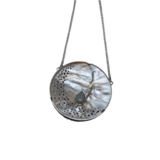 ANNE MORGAN - Mother of Pearl erosion pendant on silver chain, with aquamarine