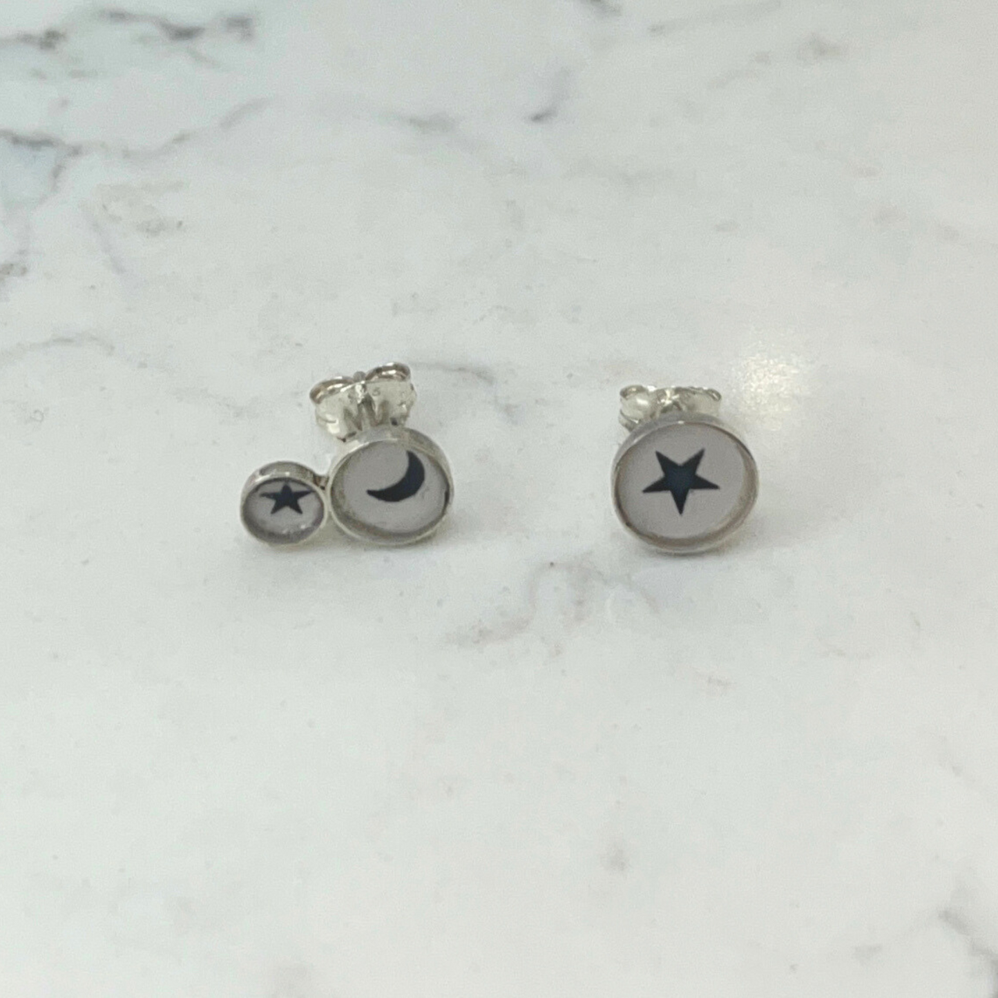 CLARE COLLISON - Offset Sterling Silver Studs - Stars and Moons