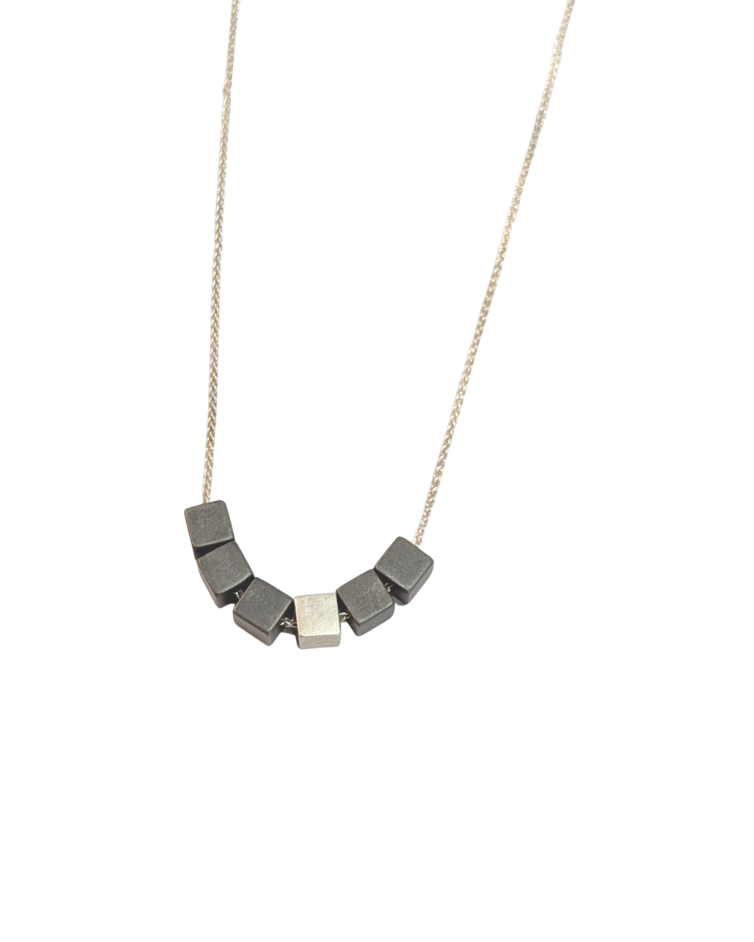 LUCY BURKE - Hematite cube necklace with silver cube on 18"spiga & t-bar clasp