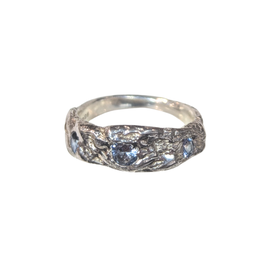 CLAIRE QUICK - Beneath the Surface carved textured ring Silver and Blue spinel ring