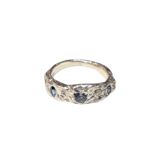 CLAIRE QUICK - Beneath the Surface carved textured ring Silver and Blue spinel ring