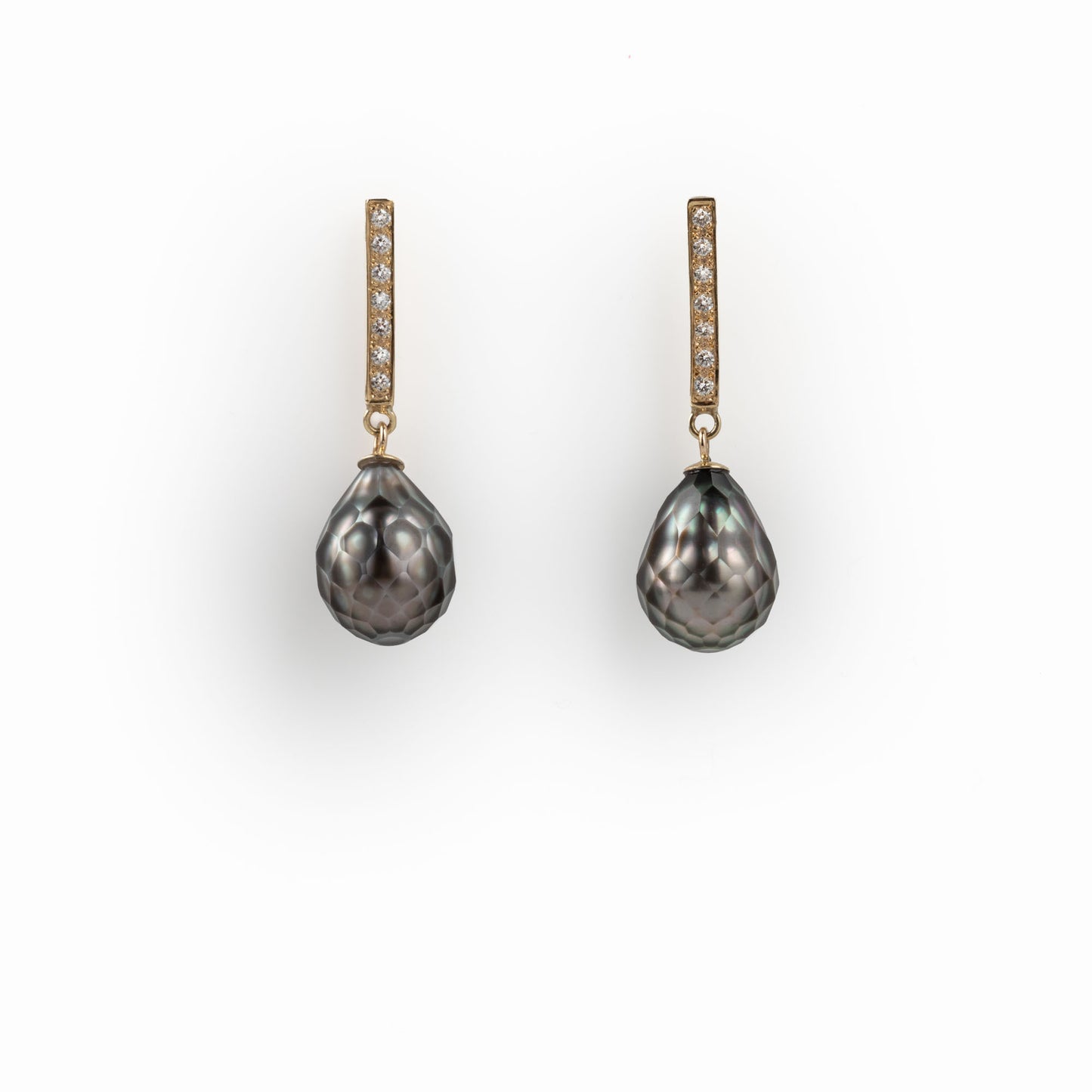 ANNE MORGAN - 9ct Yellow Gold Diamond Pave Studs with Faceted Tahiti Pearls