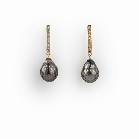 ANNE MORGAN - 9ct Yellow Gold Diamond Pave Studs with Faceted Tahiti Pearls