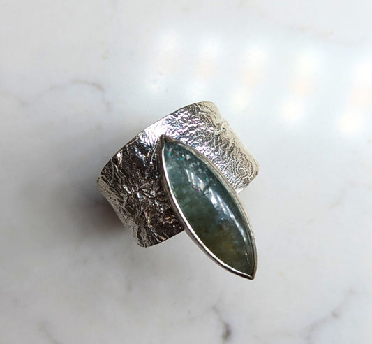 ANNE MORGAN  - SILVER LUNA RING WITH MARQUISE CAB AQUA