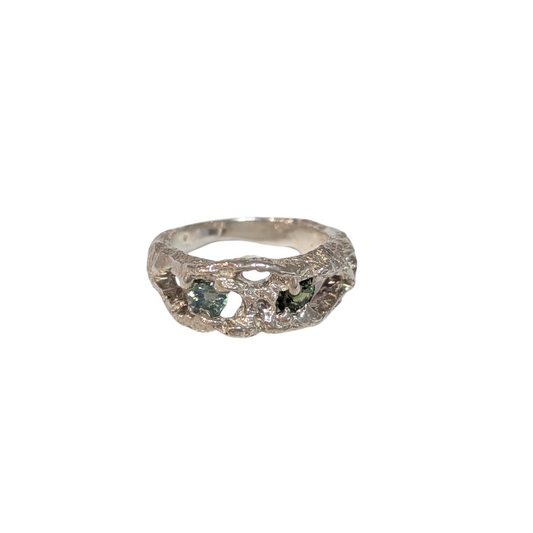 CLAIRE QUICK - Beneath the Surface carved textured ring Sterling Silver and Green Zircon