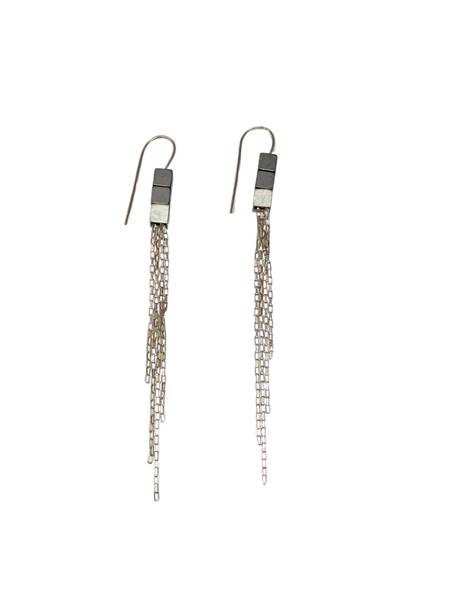 LUCY BURKE - Hematite cube hook earrings with silver cube & chain
