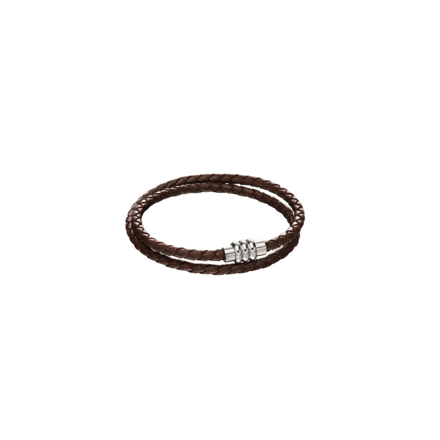 FRED BENNETT - Brown leather double plaited stainless steel bracelet