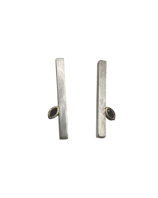 LUCY BURKE - Silver bar studs with marquis grey dias & 9ct yg settings