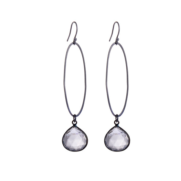 ANNE MORGAN - 	Oval large oxidised silver earrings with Clear quartz Chalcedony stone drop	    	£95.00