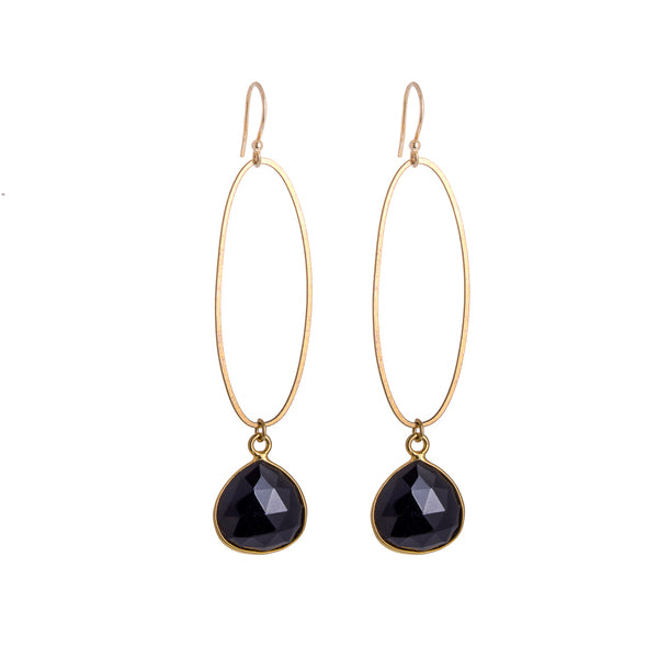 ANNE MORGAN -	Oval large gold plated earrings with onyx drop
