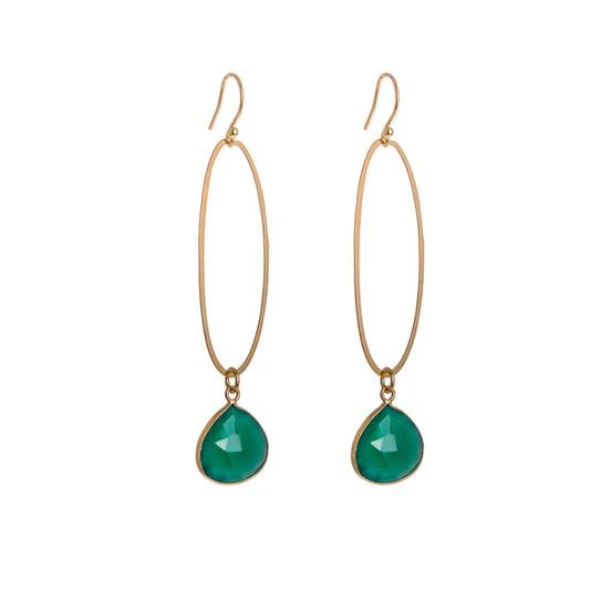 ANNE MORGAN -	Oval large gold plated earrings with green onyx stone