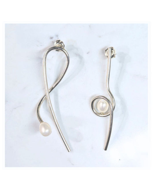 ANNE MORGAN Athena Asymetrical (swoop & loop) long wire studs with pearls