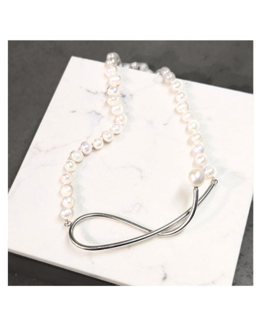 ANNE MORGAN  Athena Swoop Sterling Silver Necklace on Pearls