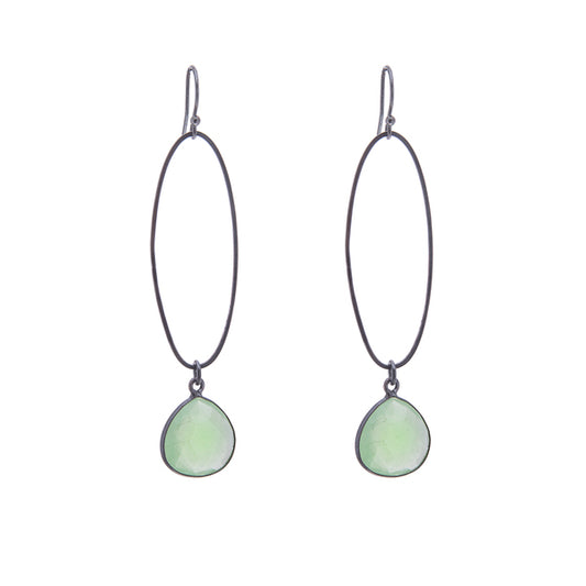 ANNE MORGAN - 	Oval large silver/oxidised drop earrings with Chalcedony stone
