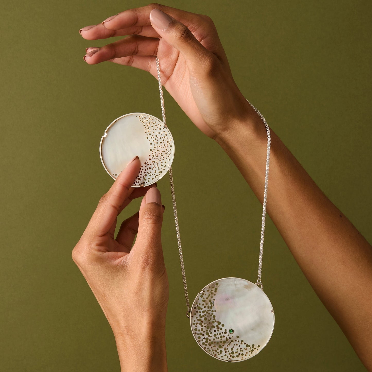 ANNE MORGAN - Seren-Y-Mor Mother of Pearl erosion pendant on silver chain, with aquamarine