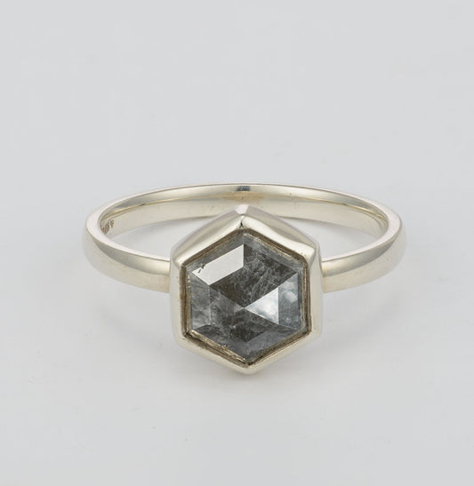Hexagon Rose Cut Diamond Ring - 9ct White Gold