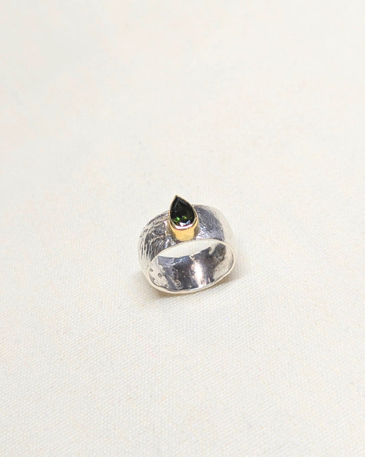 Silver Orb ring with tourmaline in 18ct yellow gold  setting