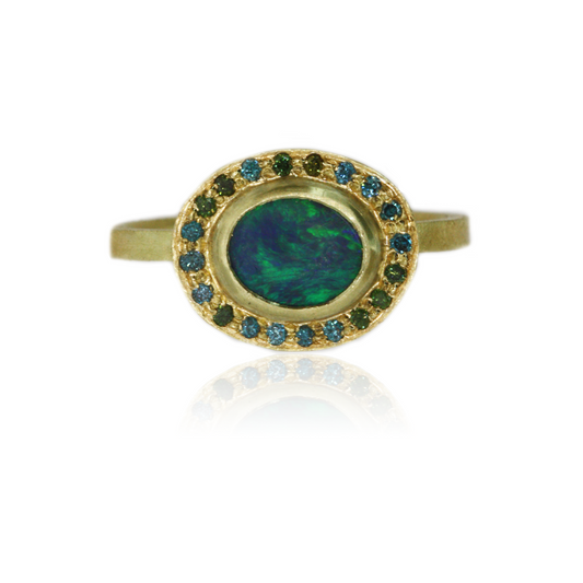 RACHEL JONES - Ocean Spectrum Opal Halo Ring with Diamonds in 18ct Yellow Gold