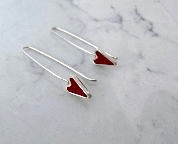 CLARE COLLINSON -  Red Resin and Silver Heart Shaped Drop Earrings