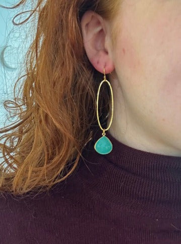ANNE MORGAN - 	Oval large gold plated earrings with chalcedony aqua drop