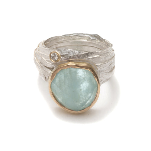 SHIMARA CARLOW - Sterling Silver Ring with Aquamarine + Diamond