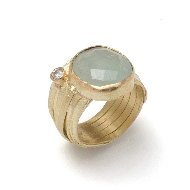 SHIMARA CARLOW - 18ct Gold Wrap Ring with Square Aquamarine and Pave Diamonds