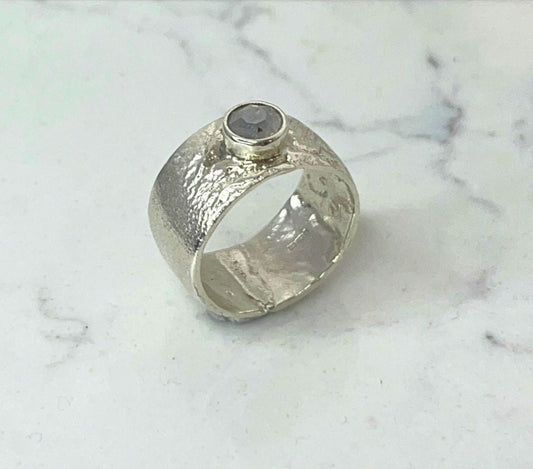 ANNE MORGAN  - Silver Orb ring with 18ct salt and pepper diamond