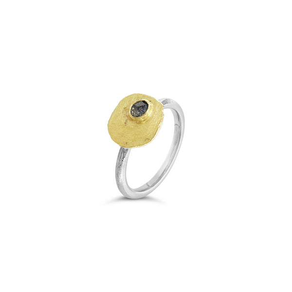 ANNE MORGAN Moondisc silver and 18ct yellow gold ring with salt and pepper rose cut diamond