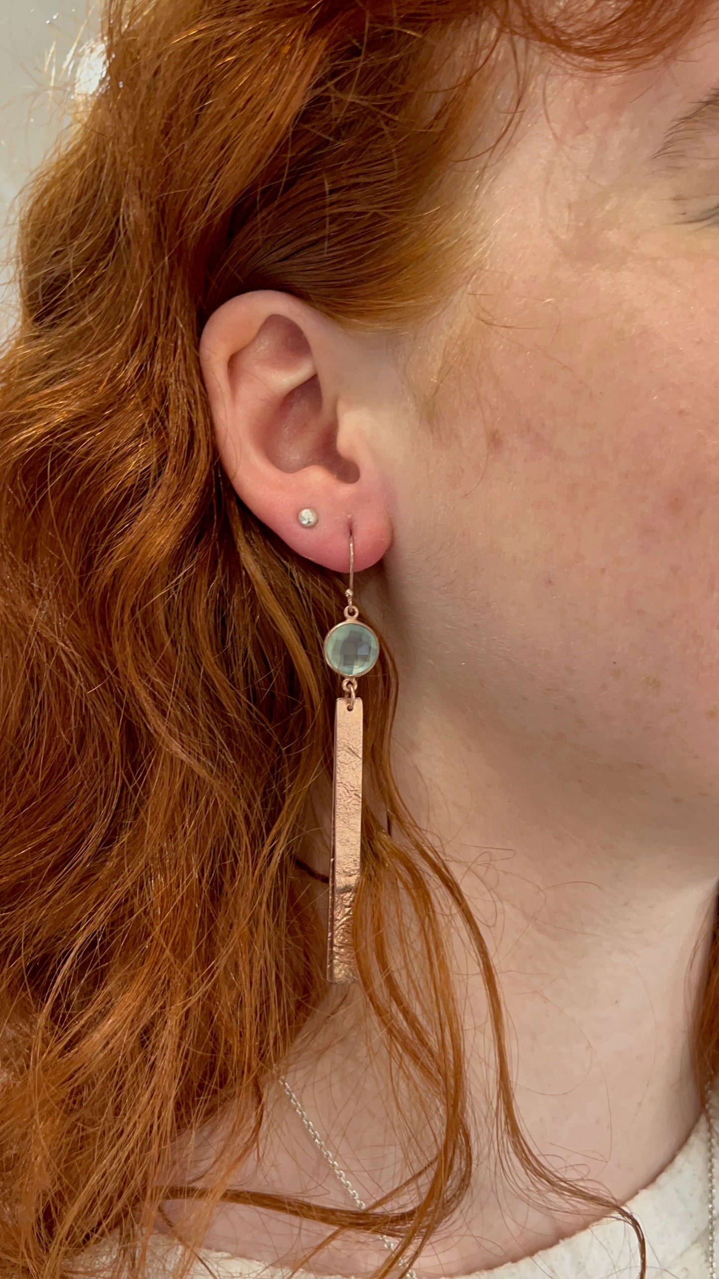 ANNE MORGAN - Double strand moonscape drop earrings with chalcedony in rose gold plate.