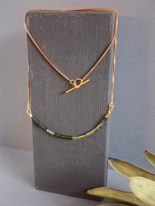 BEA JARENO - Indian Summer Necklace Recycled 24ct Yellow Gold Vermeil with Tube Organic Green Tormaline Gemstones
