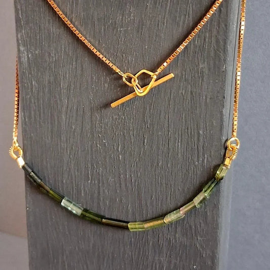 BEA JARENO - Indian Summer Necklace Recycled 24ct Yellow Gold Vermeil with Tube Organic Green Tormaline Gemstones