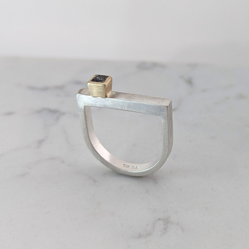 LUCY BURKE - D Ring Slim Silver with 3mm Square Grey Diamond and Yellow Gold Setting