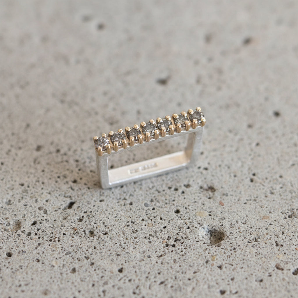 Silver Square Ring with Grey Diamonds - 9ct Yellow Gold