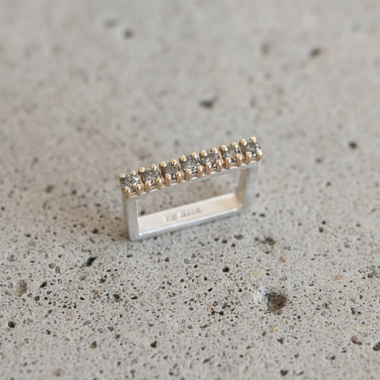 Silver Square Ring with Grey Diamonds - 9ct Yellow Gold